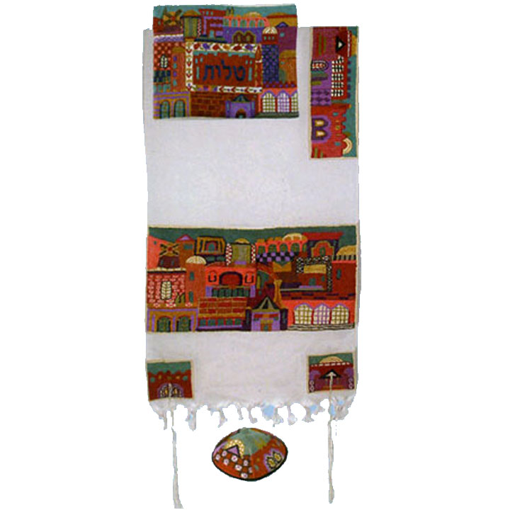 Yair Emanuel Hand Embroidered Jerusalem in Color Tallit Set